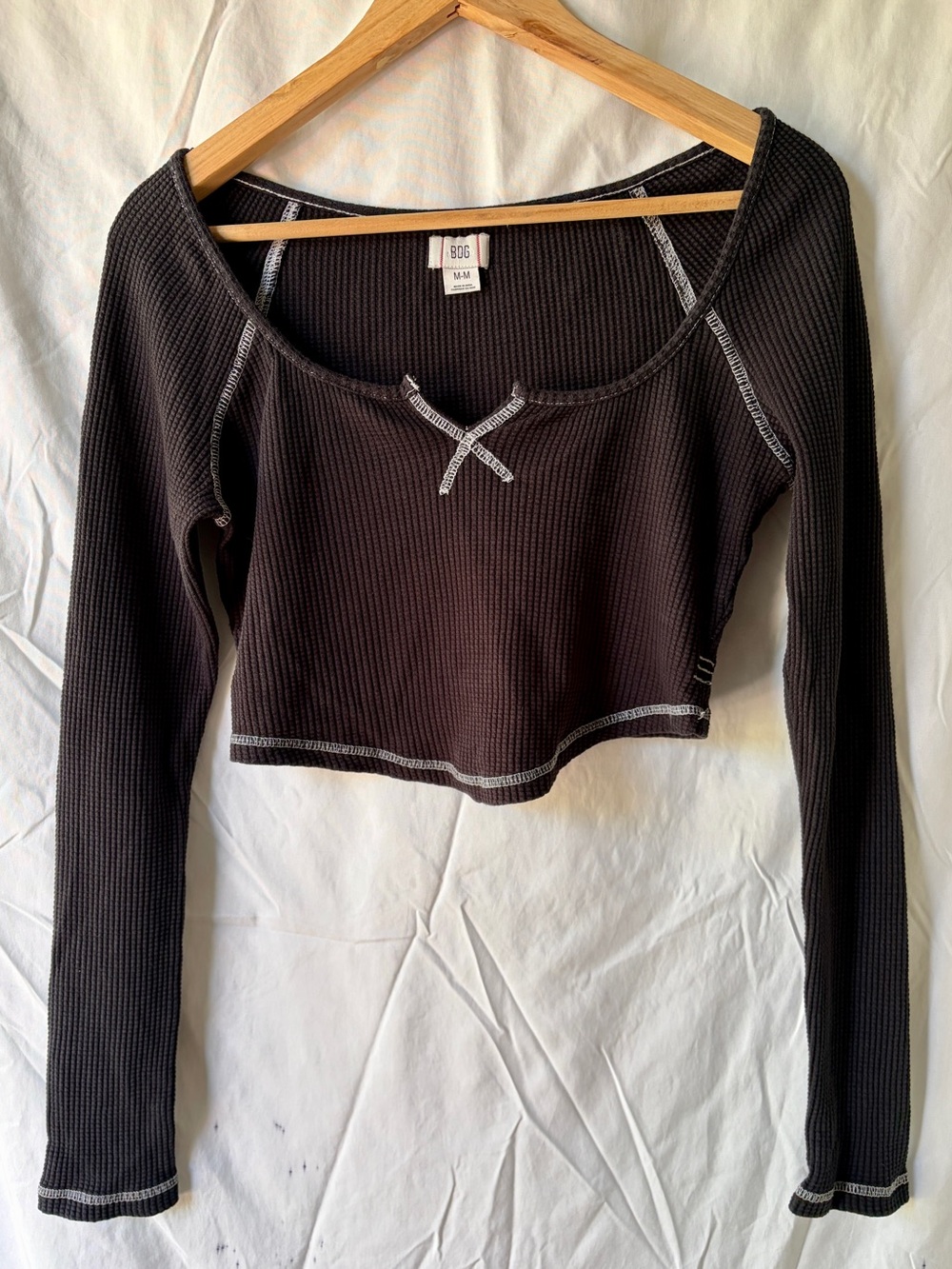 BDG Theo Notch Neck waffle knit crop long sleeve top